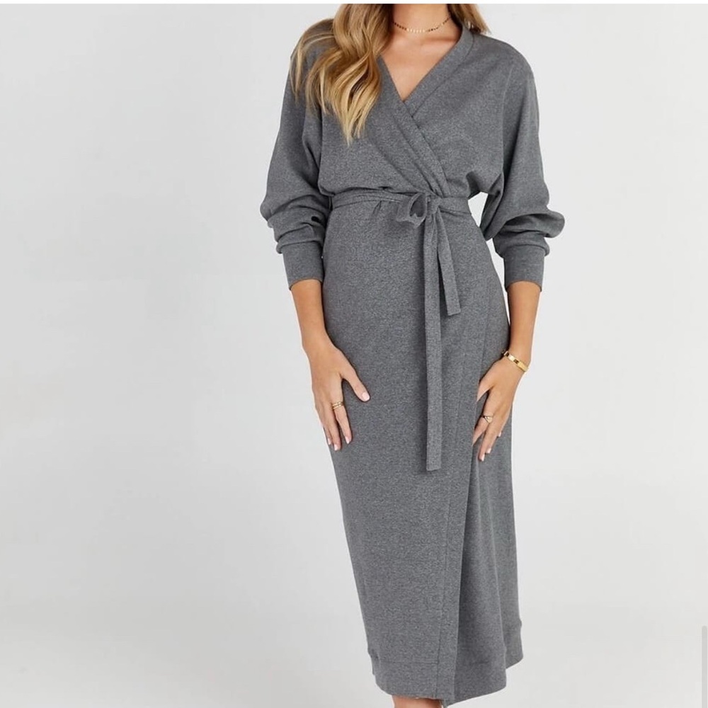 Legoe Heritage Maternity Rib Knit Cotton Wrap Midi Sweater Dress in Dark Grey XS
